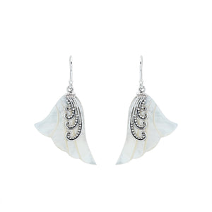 Sterling silver mother of pearl leaf drop earrings with layered shell and polished finish