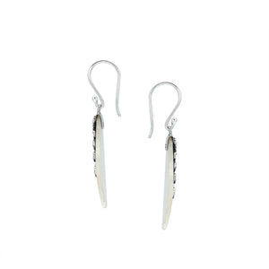 Sterling silver mother of pearl leaf drop earrings with layered shell and polished finish