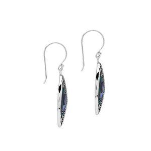 925 Sterling Silver Abalone Shell marquise drop earrings featuring iridescent blue-green shell inlays, infinity-inspired openwork patterns, oxidized dotted detailing, polished silver edges, and elegant fishhook ear wires.