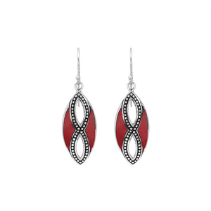 925 Sterling Silver Red Coral marquise drop earrings featuring infinity-inspired double openwork motifs, vibrant red inlays, oxidized dotted silver detailing, polished edges, and classic fishhook ear wires.