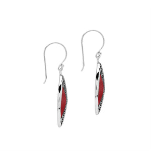 925 Sterling Silver Red Coral marquise drop earrings featuring infinity-inspired double openwork motifs, vibrant red inlays, oxidized dotted silver detailing, polished edges, and classic fishhook ear wires.