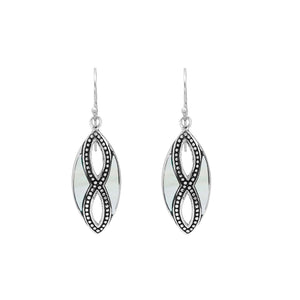 925 Sterling Silver Mother Of Pearl marquise drop earrings featuring luminous white shell inlays, double infinity-inspired openwork, oxidized dotted detailing, polished silver borders, and elegant fishhook ear wires.