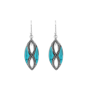 925 Sterling Silver Turquoise Shell marquise drop earrings featuring bright turquoise blue inlays, infinity-inspired double openwork motifs, oxidized dotted silver detailing, polished borders, and elegant fishhook ear wires.