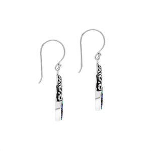 Sterling silver oval drop earrings featuring iridescent Abalone Shell inlay, openwork centers, sculpted scroll detailing, oxidized accents, and classic French ear wires.