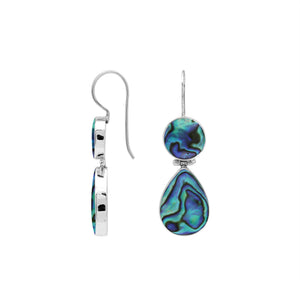 Sterling silver Abalone Shell dangle earrings featuring round upper settings and teardrop lower drops with vivid blue, green, violet, and turquoise iridescent patterns.