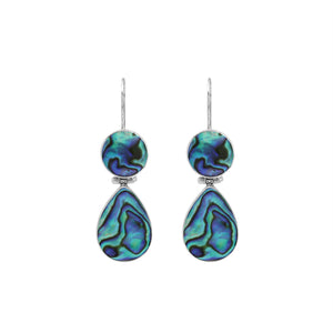Sterling silver Abalone Shell dangle earrings featuring round upper settings and teardrop lower drops with vivid blue, green, violet, and turquoise iridescent patterns.
