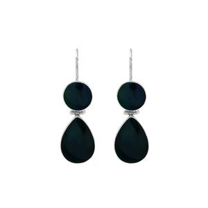 Sterling silver Black Shell dangle earrings featuring glossy round and teardrop elements, polished bezel settings, articulated double-drop construction, and elongated silver ear wires.