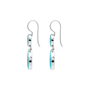 Sterling silver Turquoise Shell double drop earrings featuring circular upper settings, larger teardrop dangles, vibrant turquoise blue surfaces with dark veining, polished silver bezels, and curved fishhook earwires, shown in front and side views.