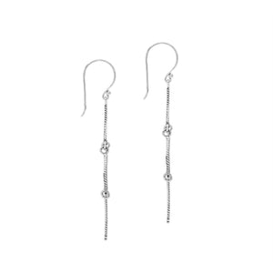 Sterling silver chandelier drop earrings featuring four open teardrop frames, twisted rope borders, small bead accents, articulated tiered construction, and elongated ear wires.