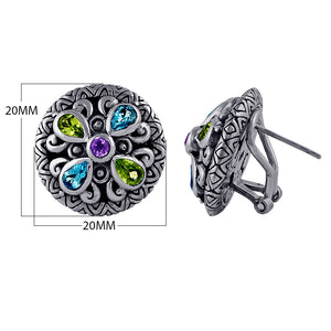 Sterling silver round floral earrings with multi quartz stones