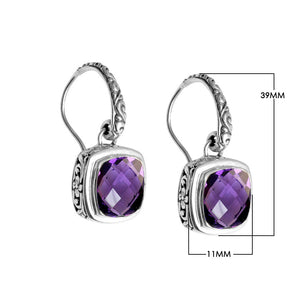 Wholesale sterling silver Amethyst Quartz cushion drop earrings with polished finish and earwire lock.