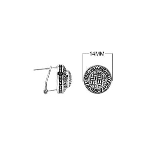 Wholesale sterling silver round patterned earrings with textured metal detailing and omega clip closure.