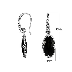 Sterling silver Black Onyx oval scroll drop earrings with oxidized finish and earwire lock.