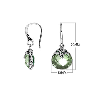 Wholesale sterling silver Green Amethyst Quartz round drop earrings with oxidized pattern and polished finish.