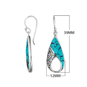 Wholesale Sterling Silver Turquoise Shell pear earrings with open filigree frame, earwire lock, and polished finish handcrafted in Bali.