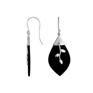Wholesale sterling silver leaf Black Shell earrings with silver branch detailing