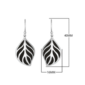Sterling Silver Black Shell leaf drop earrings with Earwire and open silver design for wholesale jewelry collections.