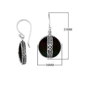 Sterling silver Black Shell earrings with round design and floral silver center strip for wholesale collection.
