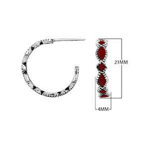 Wholesale sterling silver Red Coral hoop earrings with Balinese handicraft design and antique finish handcrafted in Bali