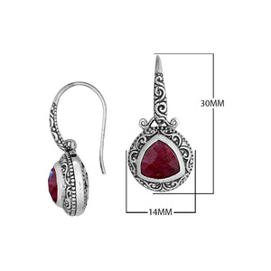 Sterling Silver Bali Engraved Earrings With Faceted Ruby Triangle And Oxidized Decorative Detailing For Wholesale Buyers