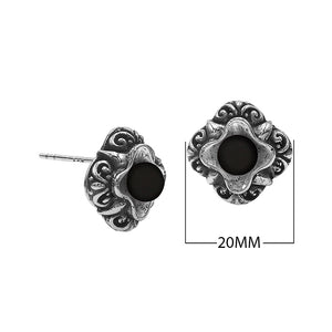 Wholesale Sterling Silver Vintage Floral Black Onyx Stud Earrings With Oxidized Bali Detailing