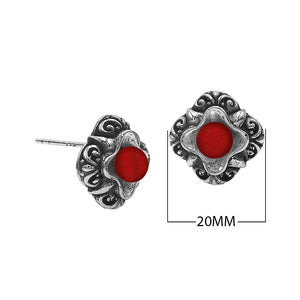 Wholesale Sterling Silver Vintage Floral Red Coral Stud Earrings With Oxidized Bali Detailing