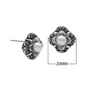 Wholesale Sterling Silver Vintage Floral Mabe Pearl Stud Earrings With Oxidized Bali Detailing