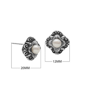 Wholesale Sterling Silver Vintage Floral Mabe Pearl Stud Earrings With Oxidized Bali Detailing