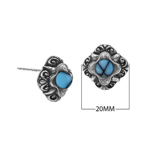 Wholesale Sterling Silver Vintage Floral Turquoise Shell Stud Earrings With Oxidized Bali Detailing