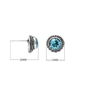 Wholesale Sterling Silver Round Blue Topaz Quartz Stud Earrings With Bali Rope Bezel Handcrafted In Bali