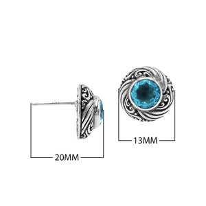 Wholesale Sterling Silver Bali Swirl Blue Topaz Quartz Stud Earrings With Oxidized Detailing Handcrafted In Bali