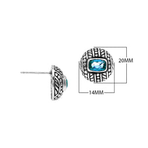 Sterling Silver Stud Earrings With Carved Dot-Stripe Details And Center Blue Topaz Quartz