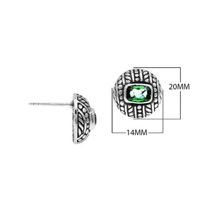 Sterling Silver Stud Earrings With Carved Dot-Stripe Details And Center Green Quartz