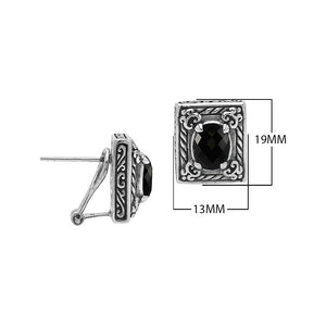Sterling Silver Ornate Rectangular Carved Stud Earrings Featuring Deep Black Onyx And Detailed Balinese Craftsmanship