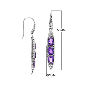 Sterling Silver Long Drop Earrings Featuring Triple Amethyst Quartz Stones With Balinese Chain Carved Detailing
