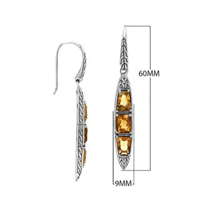 Sterling Silver Long Drop Earrings Featuring Triple Citrine Quartz Stones With Balinese Chain Carved Detailing