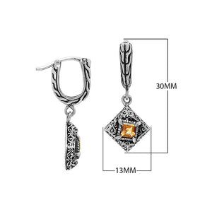 Sterling Silver Carved Diamond Drop Leverback Earrings Featuring Square-Cut Citrine Quartz And Detailed Balinese Craftsmanship