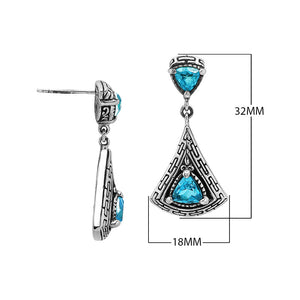 Sterling Silver Triangular Dangle Earrings Featuring Blue Topaz Quartz And Intricate Balinese Maze Carved Detailing