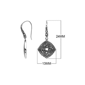 Sterling Silver Carved Diamond-Shaped Dangle Earrings Featuring Balinese Dot And Swirl Textured Design