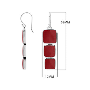 Wholesale Sterling Silver Earrings With Three Cushion Red Coral Panels In A Vertical Drop