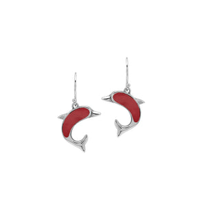 Wholesale Sterling Silver Dolphin Earrings With Red Coral Inlay