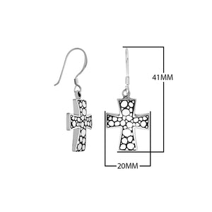 Wholesale sterling silver Bali textured cross earrings featuring polished–oxidized pattern work and secure earwire hooks, crafted to enrich modern artisan-inspired wholesale jewelry inventories.
