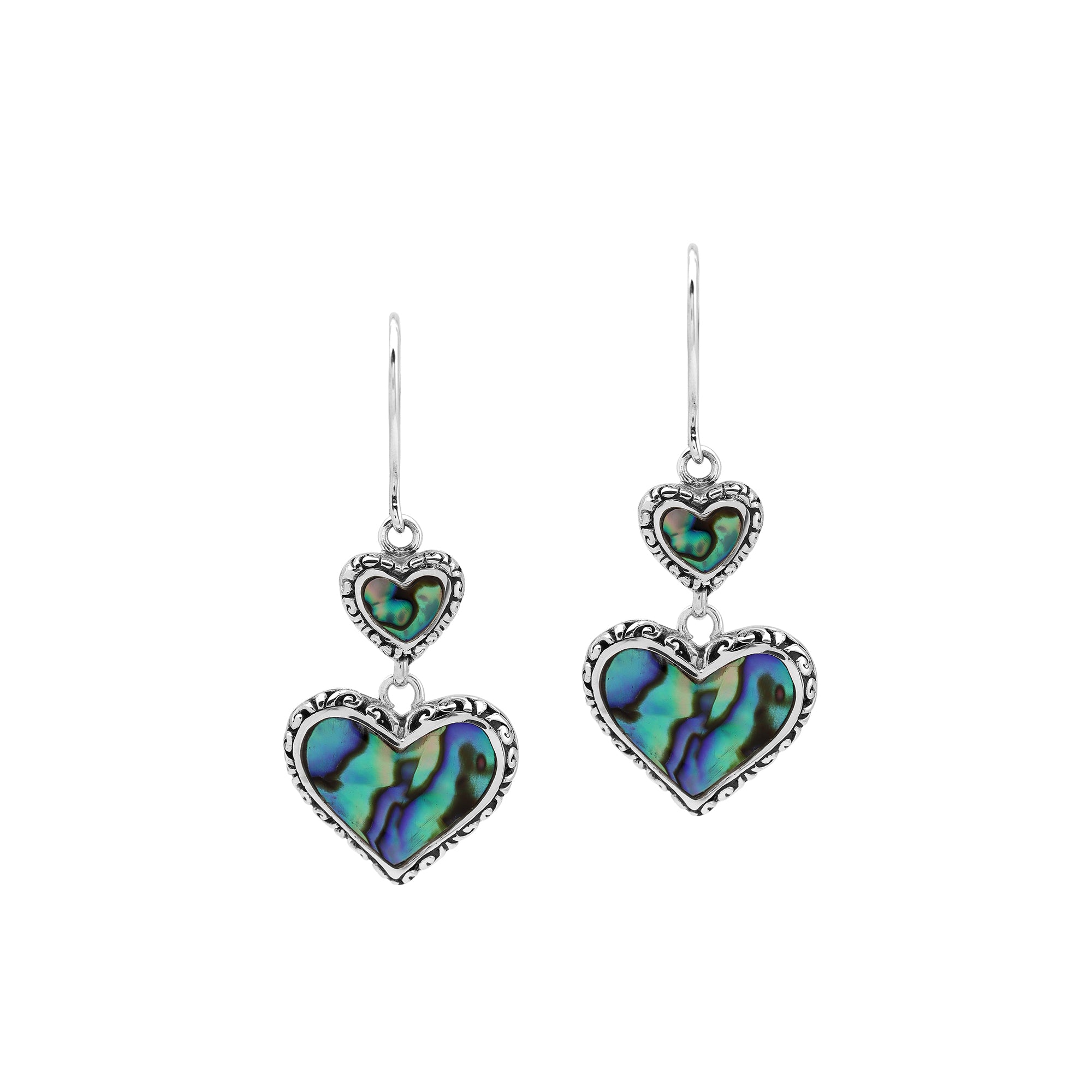 Wholesale sterling silver earrings featuring double abalone shell hearts with ornate borders and polished detailing, designed to provide consistent artisan quality and strong catalog-ready appeal for wholesale jewelry buyers.