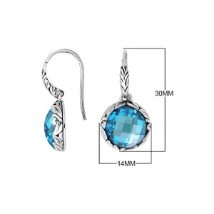 Sterling silver round drop earrings with Blue Topaz Quartz and ornate oxidized silver detailing for wholesale collections.