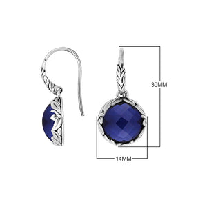 Sterling silver round drop earrings with Sapphire and ornate oxidized silver detailing for wholesale collections.