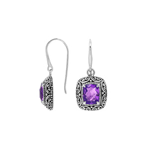 Sterling Silver Cushion Amethyst Quartz Earrings With Ornate Scroll Frame Handcrafted In Bali