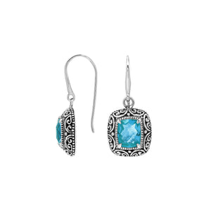 Sterling Silver Cushion Blue Topaz Quartz Earrings With Ornate Scroll Frame Handcrafted In Bali