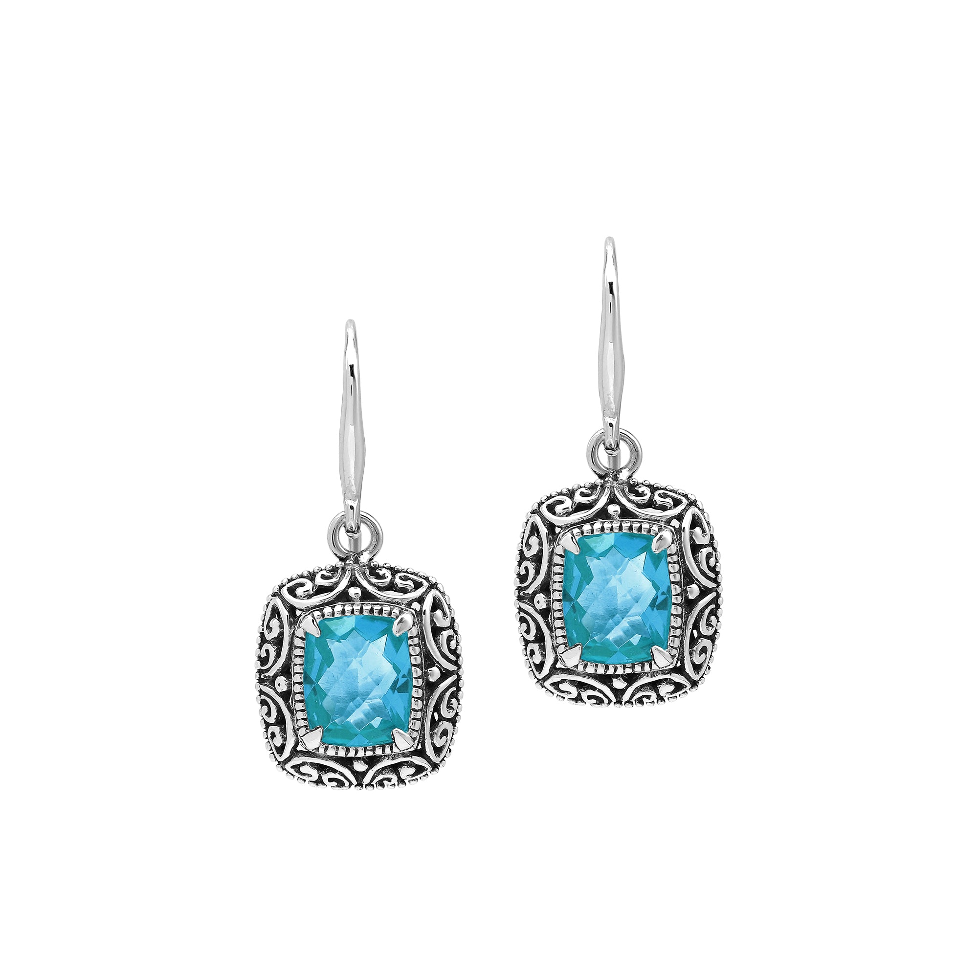 Sterling Silver Cushion Blue Topaz Quartz Earrings With Ornate Scroll Frame Handcrafted In Bali