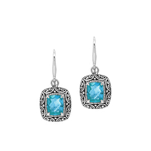Sterling Silver Cushion Blue Topaz Quartz Earrings With Ornate Scroll Frame Handcrafted In Bali