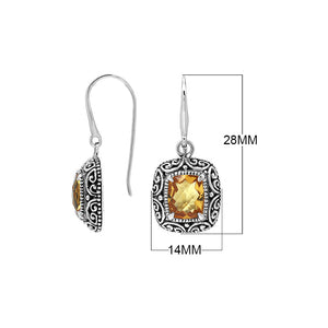 Sterling Silver Cushion Citrine Quartz Earrings With Ornate Scroll Frame Handcrafted In Bali